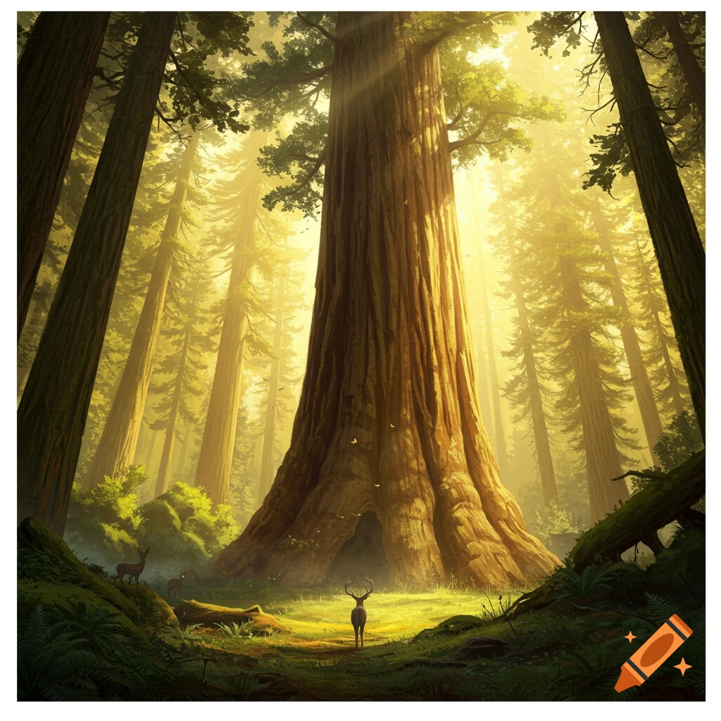 A majestic forest scene with towering redwood trees bathed in golden light, with several deer grazing on the forest floor.
