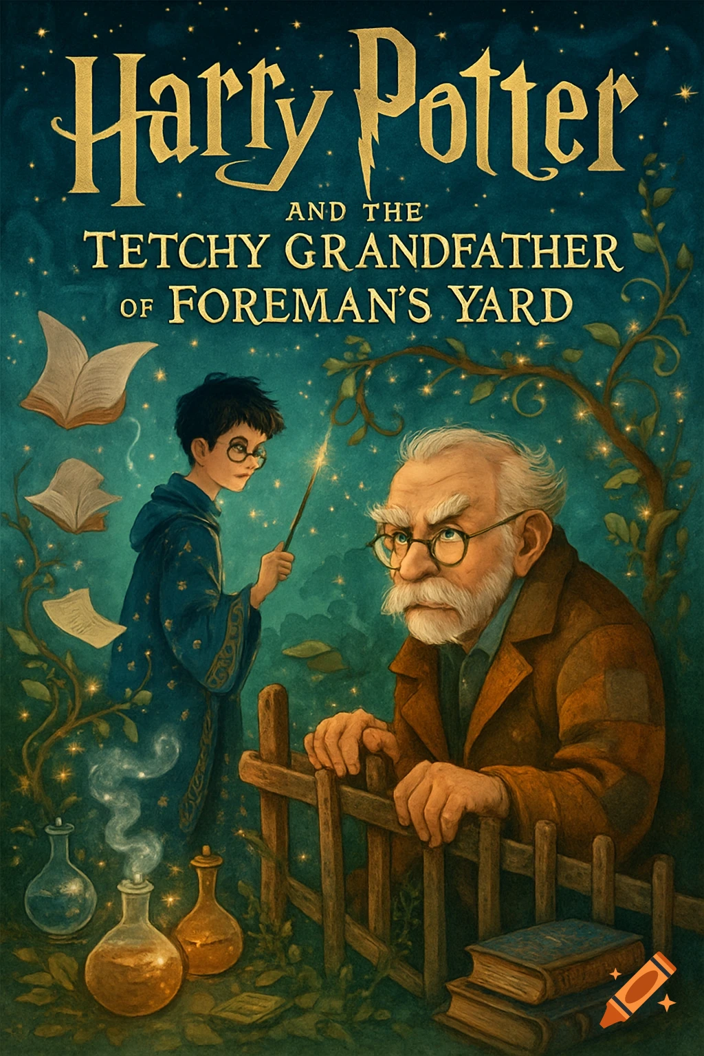 A colorful book cover illustration of a young wizard and an old man with potions and floating books. Text reads 'Harry Potter and the Tetchy Grandfather of Foreman's Yard'.