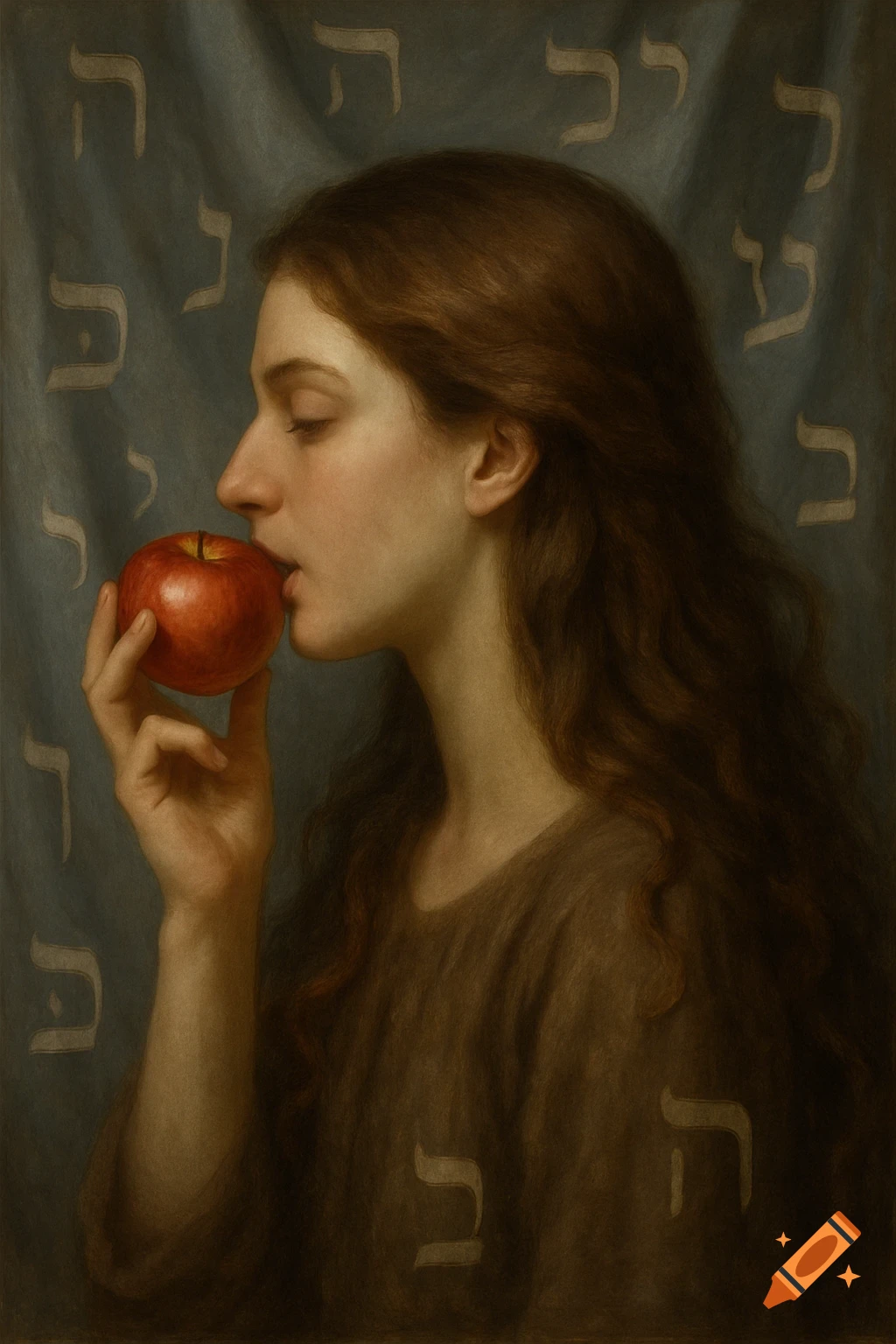 A classical painting of a young woman in profile about to bite a red apple, with Hebrew letters on a draped curtain in the background.
