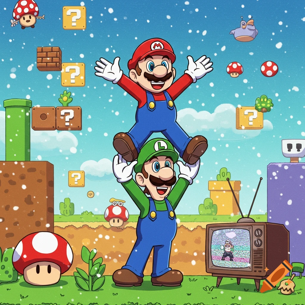 Cartoon of Mario standing on Luigi's shoulders in a snowy Super Mario Bros. level, with blocks, pipes, and a TV.