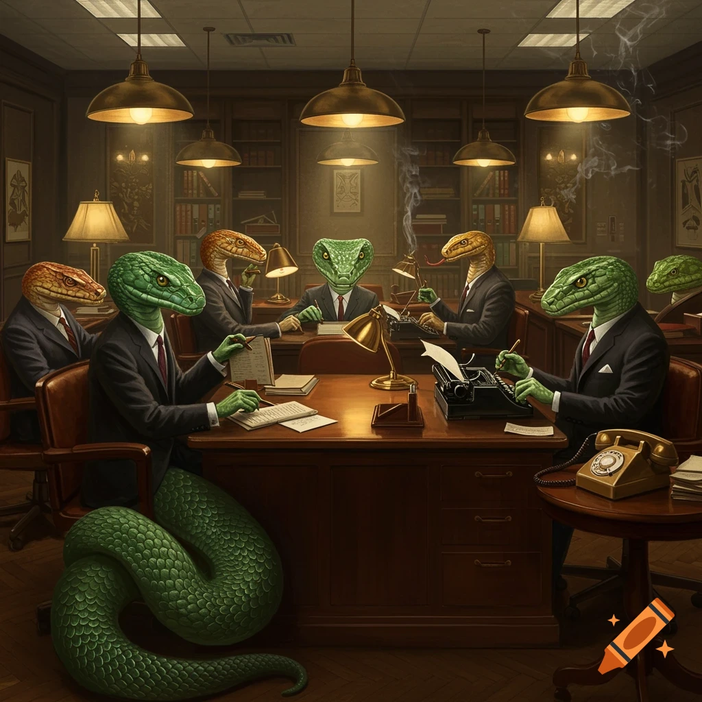Anthropomorphic snakes in suits working in a dimly lit, vintage office, with one snake's tail visible.