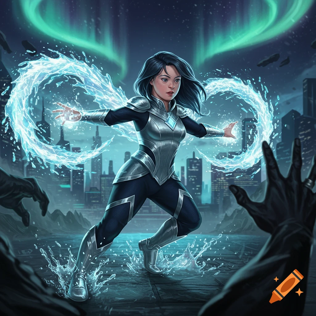 Digital art of Luna Snow, a superhero, wielding swirling water powers in a city at night with green aurora lights.