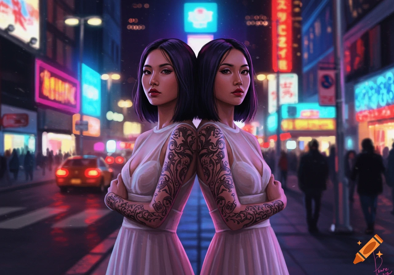 Two women with dark hair and intricate sleeve tattoos pose back-to-back on a neon-lit city street at night.