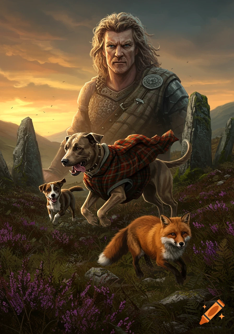 A powerful man in armor watches two dogs in tartan jackets chase a fox through a Scottish landscape with standing stones at sunset. Digital painting.