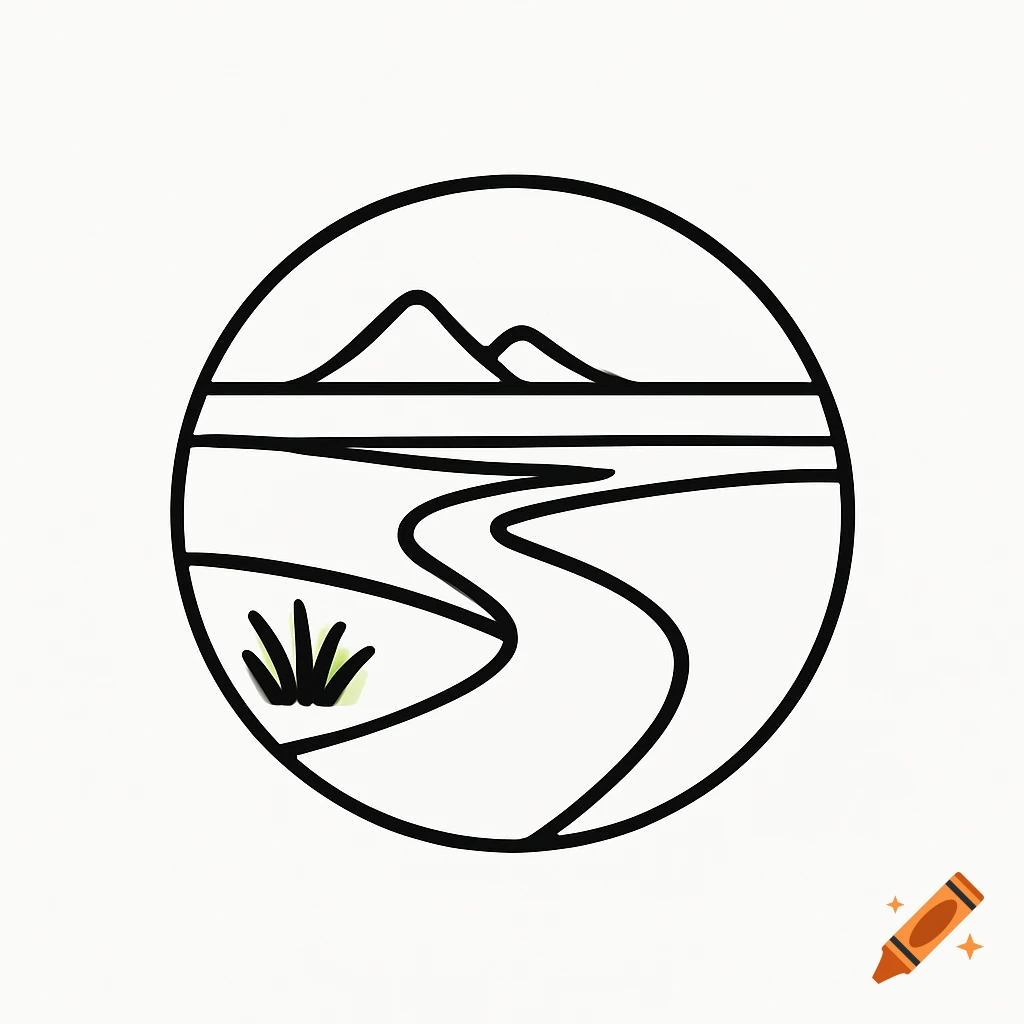 Minimalist black line art logo depicting a winding path, two mountains, and a bush in a circle.