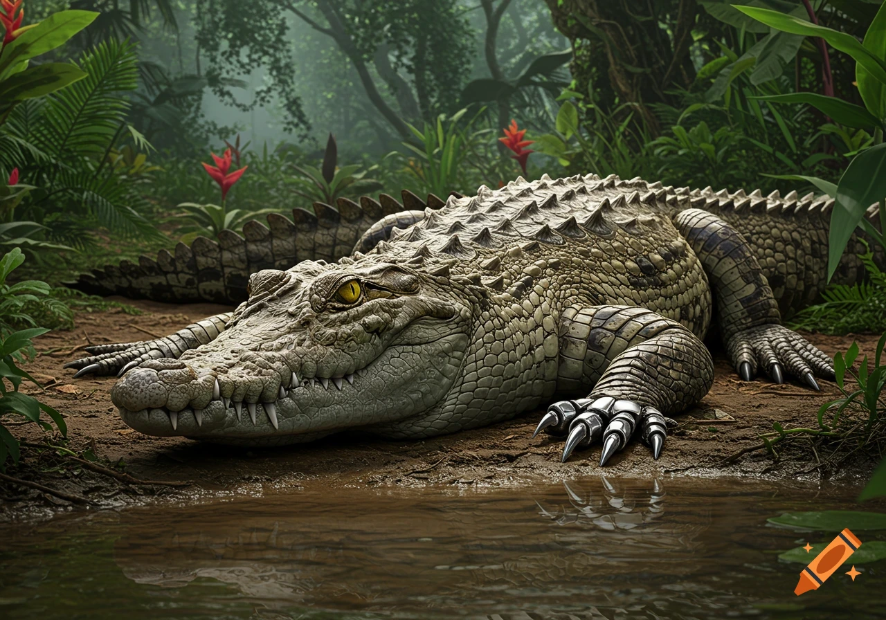 A photorealistic crocodile with metallic claws and yellow eyes lies by water in a lush jungle.