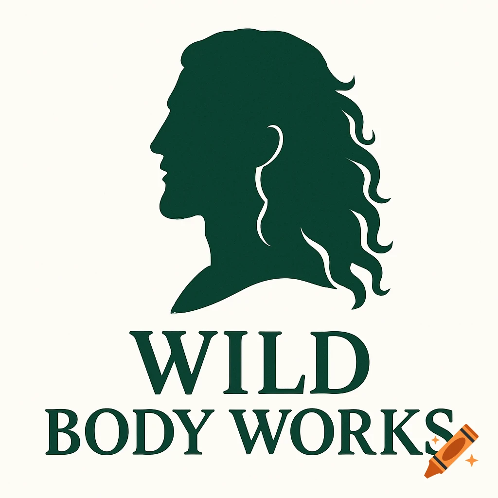 A minimalist logo featuring a dark green silhouette of a man's head with long, curly hair in profile, above the text "WILD BODY WORKS" in a bold serif font, on a light background.
