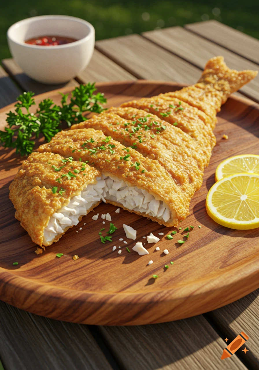 Photorealistic image of crispy fried fish, sliced, on a wooden platter with parsley and lemon slices, with a bowl of sauce in the background.