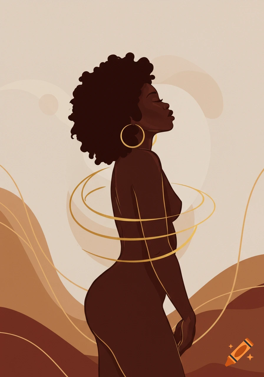 Stylized abstract illustration of a dark-skinned woman in profile with golden swirling lines against a warm, earthy background.