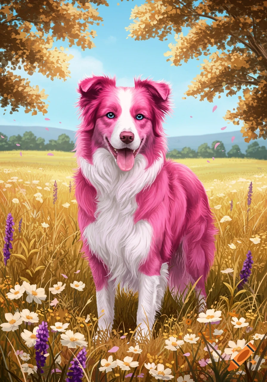 A vibrant pink and white border collie with bright blue eyes stands in a field of wildflowers under autumn trees.