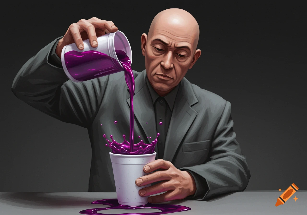 A bald man in a grey suit pours a vibrant purple liquid into a white cup, causing splashes on a grey surface, in an illustrative style.