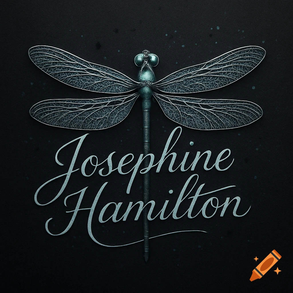 A stylized metallic dragonfly in teal and silver with the name 'Josephine Hamilton' in a glowing script font below it on a dark background.