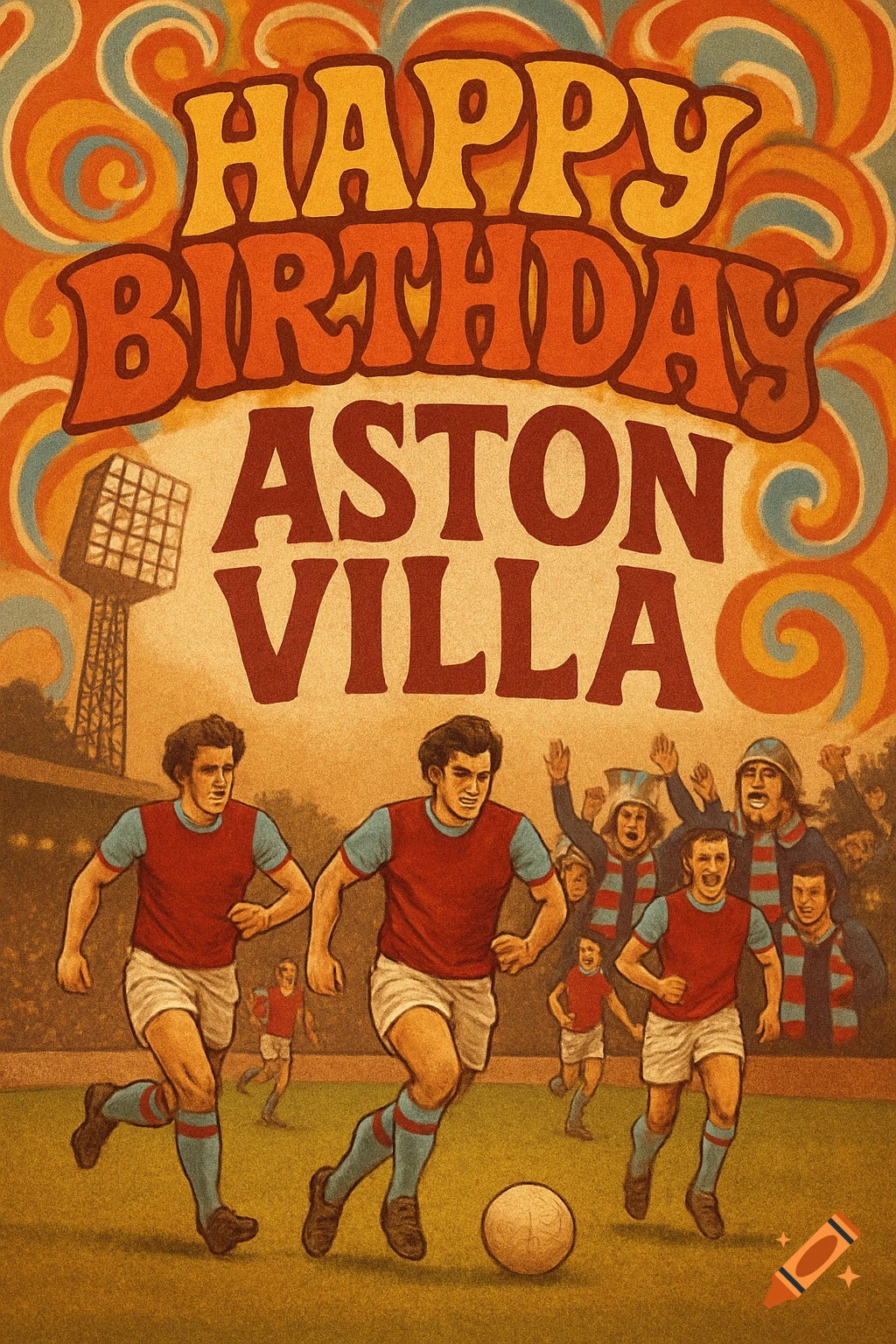 Vintage illustration of football players on a field with cheering fans and a large sign saying 'Happy Birthday Aston Villa'.