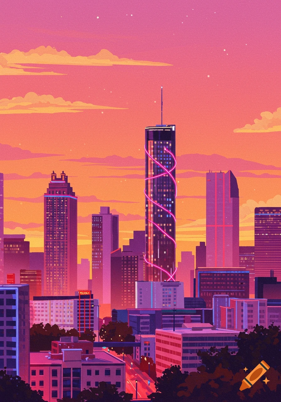 A vibrant vector illustration of a cityscape at sunset, featuring tall buildings bathed in pink and orange light, with one skyscraper wrapped in neon pink spirals.