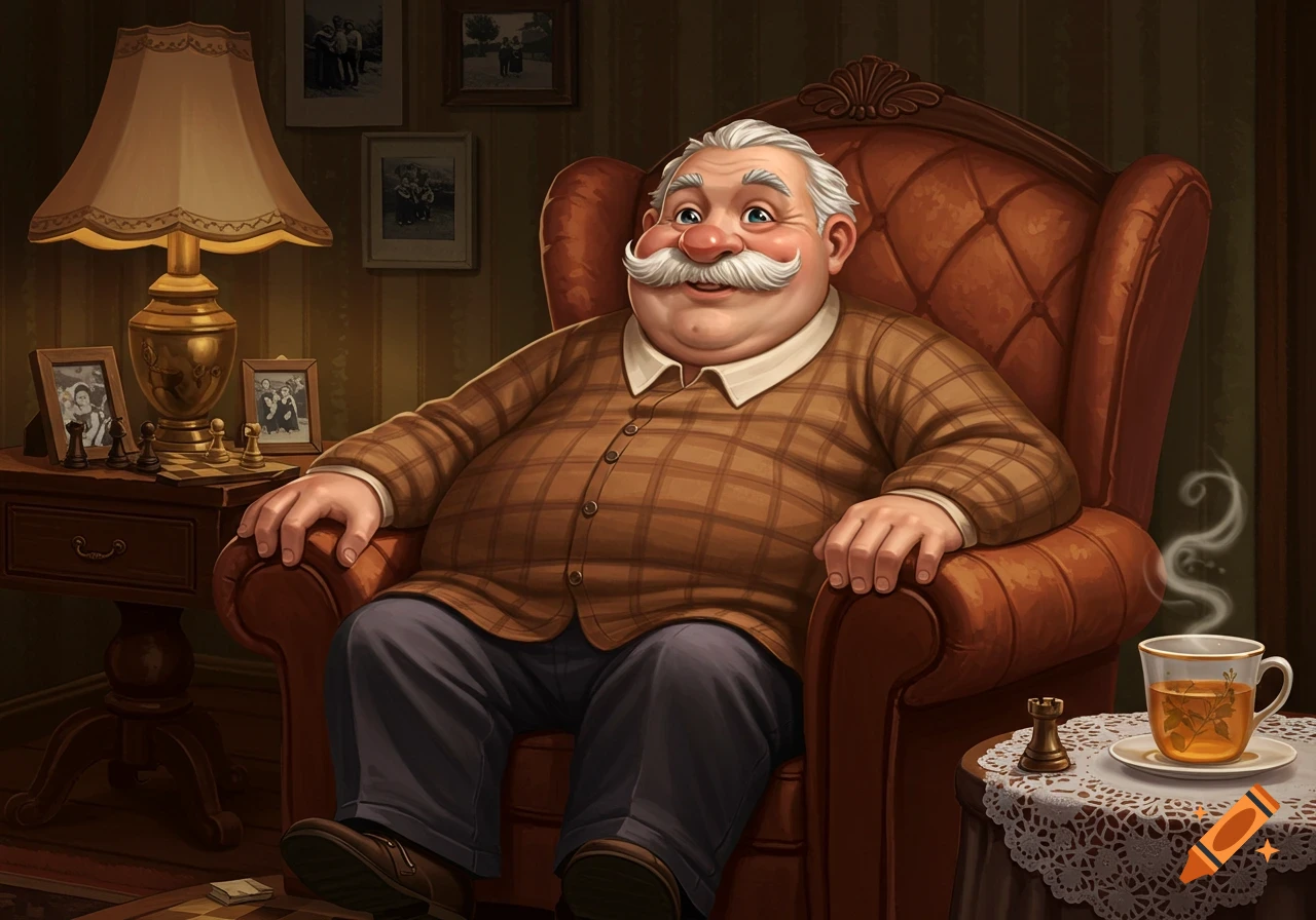 An illustration of a smiling, plump old man with a large white mustache, sitting in a brown armchair in a cozy room.