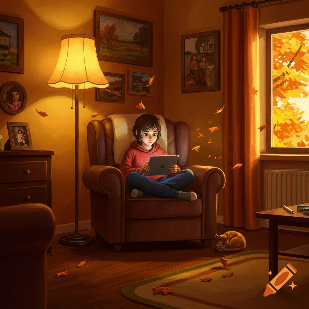 A person sits in a cozy armchair, looking at a tablet in a warm, autumn-themed room with falling leaves and a cat sleeping.