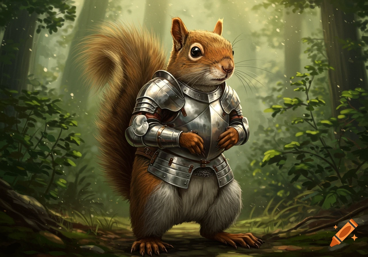 A squirrel wearing a detailed suit of shining silver armor stands in a sun-dappled forest.
