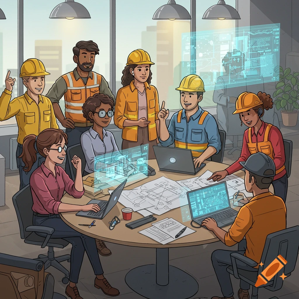 A diverse team of cartoon engineers in hard hats and vests collaborate around a table, looking at blueprints and holographic projections from laptops.