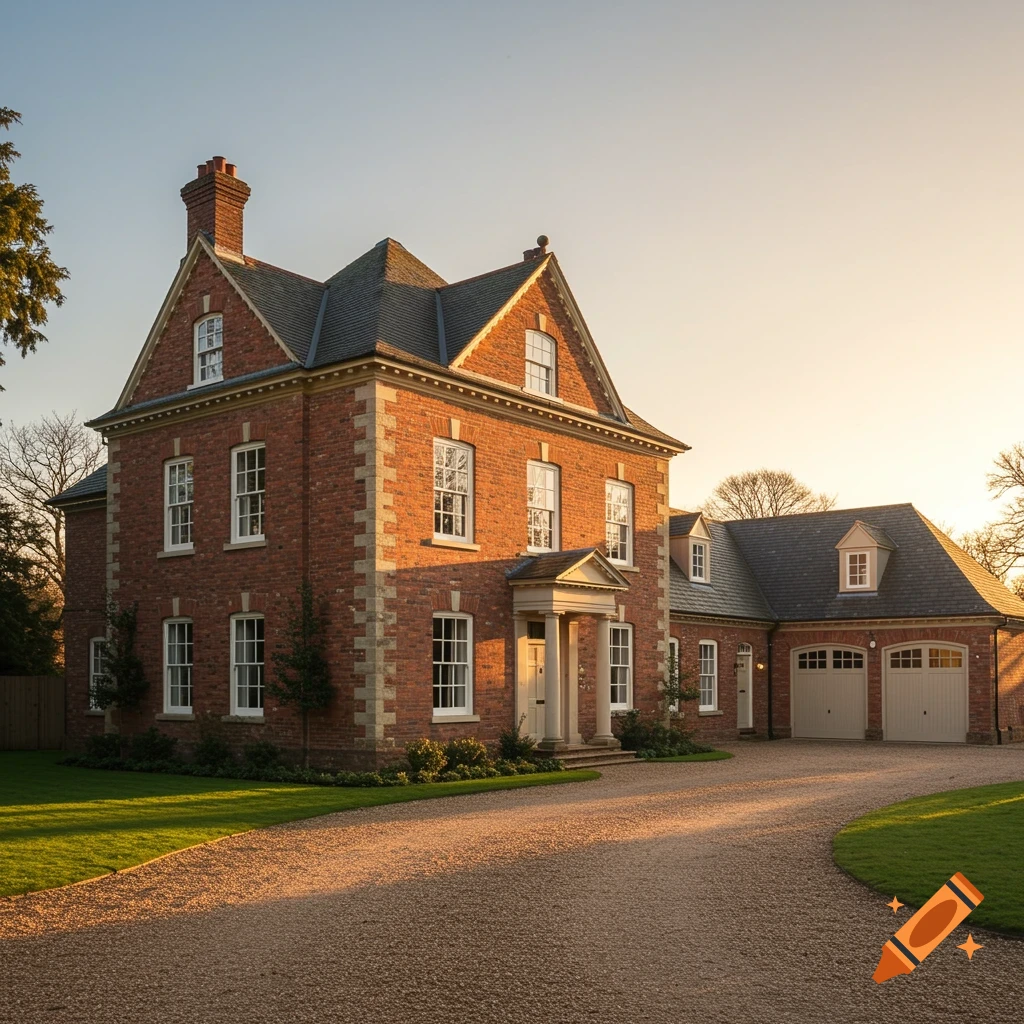 A photorealistic Neo-Georgian red-brick house with white windows, a gravel drive, and a garage, bathed in golden hour sunlight.