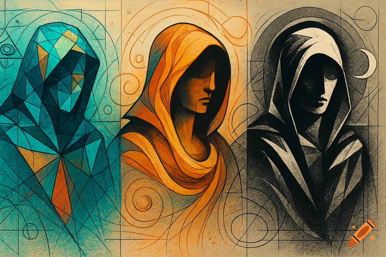 Three stylized hooded figures in panels, rendered in geometric teal, flowing orange, and stark black-and-white art styles.