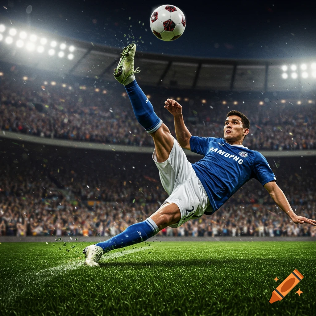 Photorealistic image of a soccer player performing a high kick on the field in a stadium.