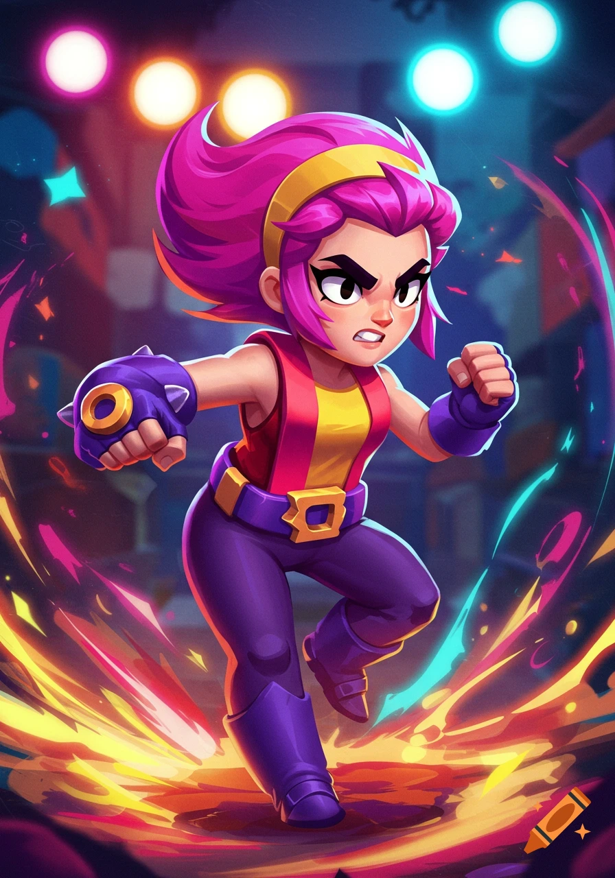 A vibrant cartoon character of Mandy from Brawl Stars, a girl with pink hair and purple outfit, lunging forward amidst colorful energy effects.