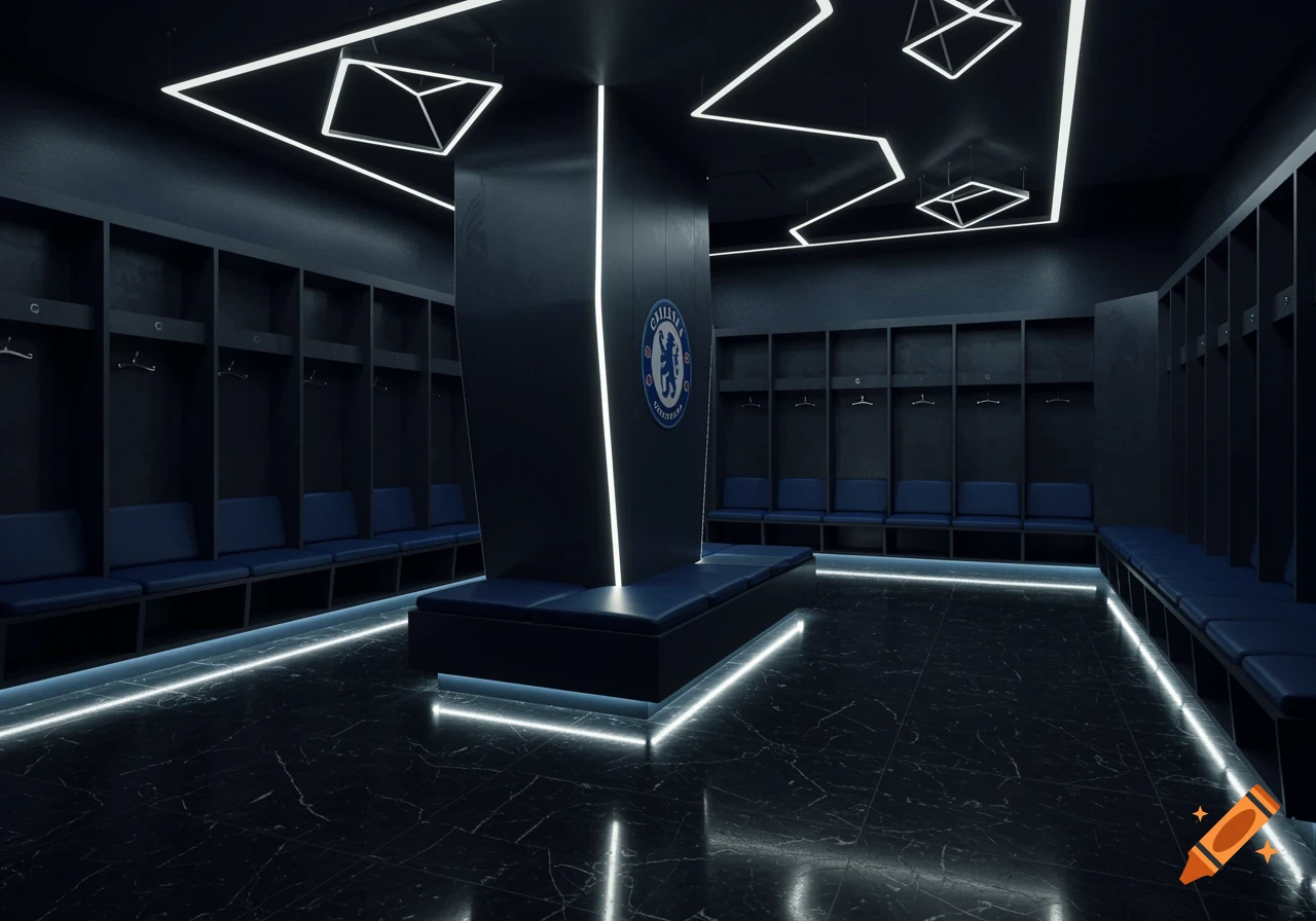 A modern, dark Chelsea FC locker room with blue benches, individual lockers, and white LED strip lighting on the floor and ceiling.