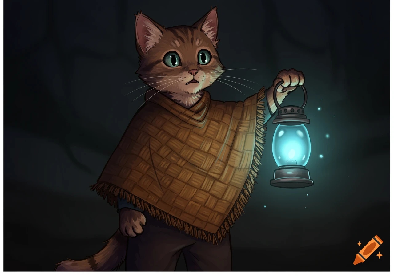 A cartoon anthropomorphic tabby cat wearing a brown poncho holds a glowing blue lantern in the dark, looking scared.