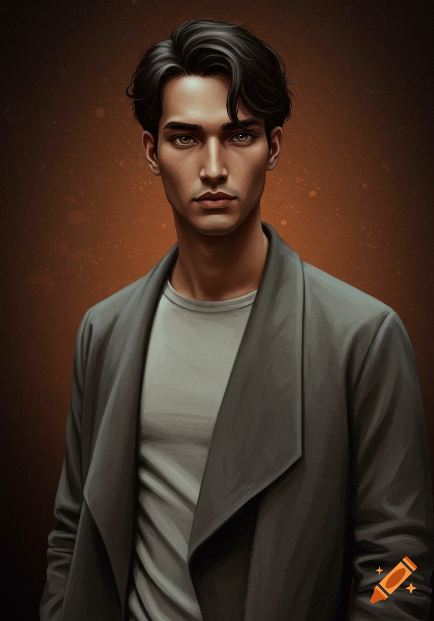 A digitally painted portrait of a young man with dark, wavy hair, intense eyes, and a gray jacket on a textured brown background.