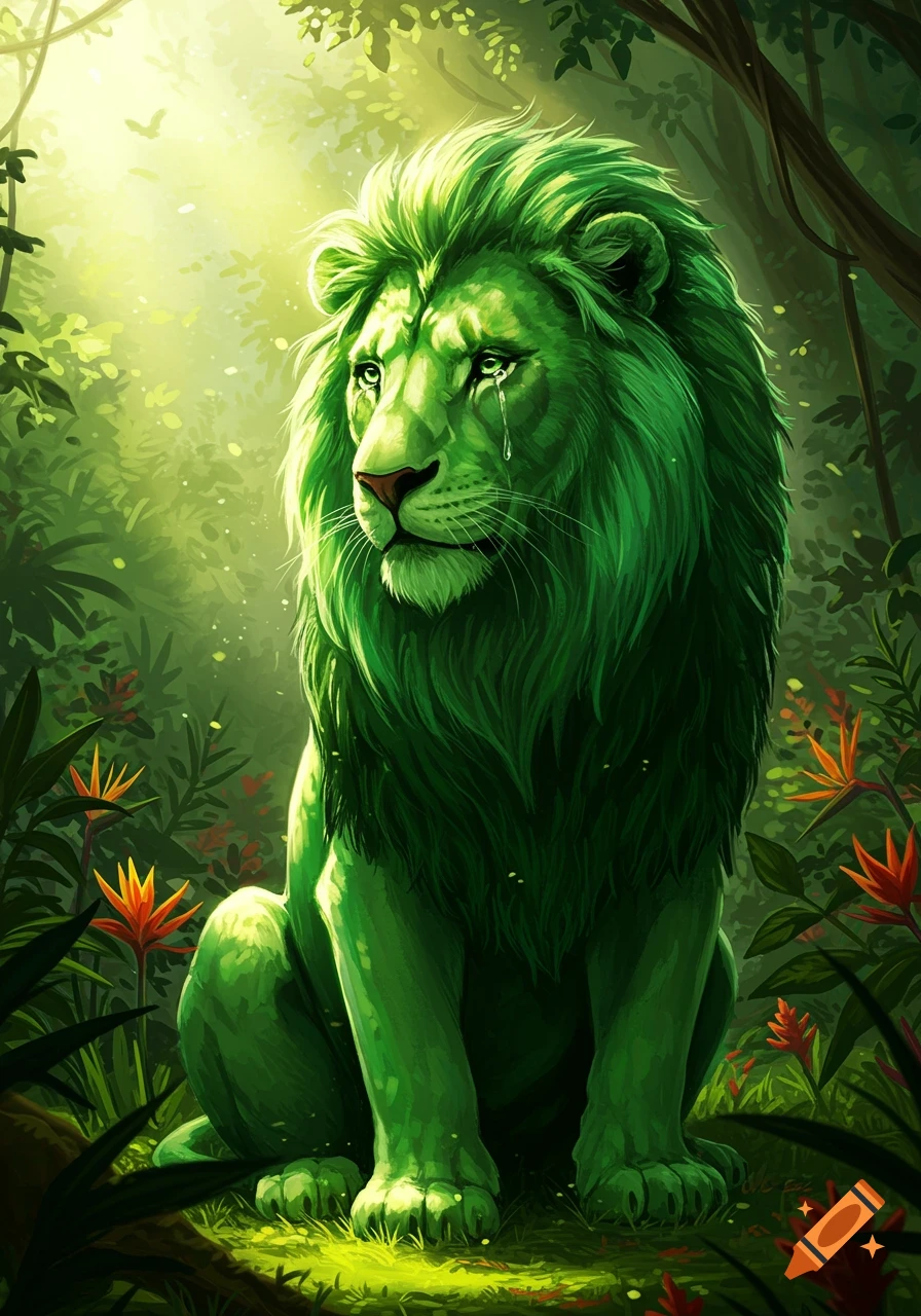 An emerald green lion with tears in its eyes sits in a vibrant, sunlit jungle filled with lush foliage and orange flowers, in a digital painting style.