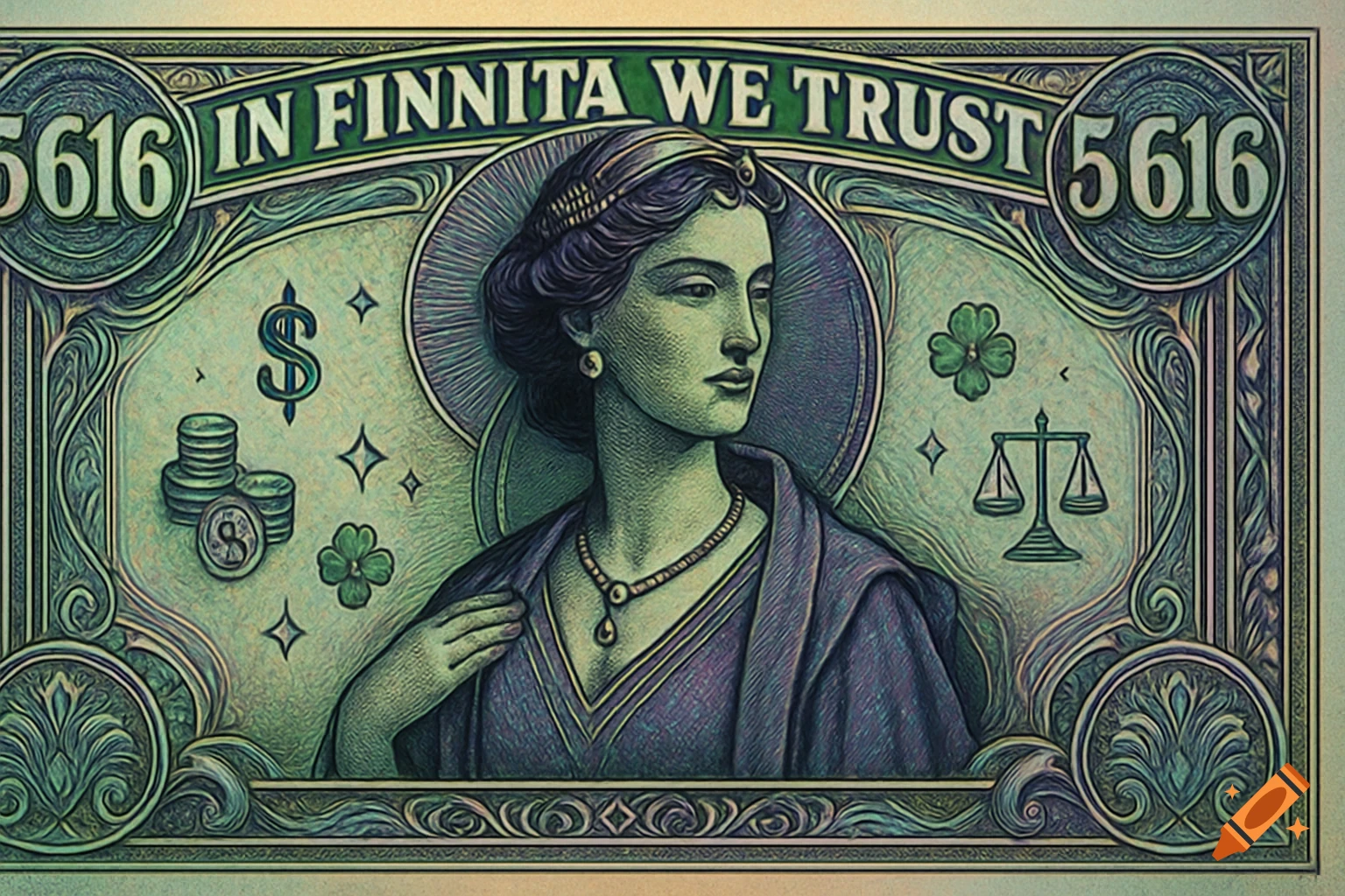 A green and purple stylized dollar bill featuring a woman's portrait, 'IN FINNITA WE TRUST' text, and numbers '5616', with currency symbols.