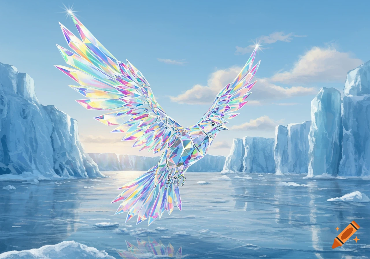 A vibrant, iridescent crystal bird with wings spread flies over a frozen lake surrounded by large ice cliffs under a blue sky.