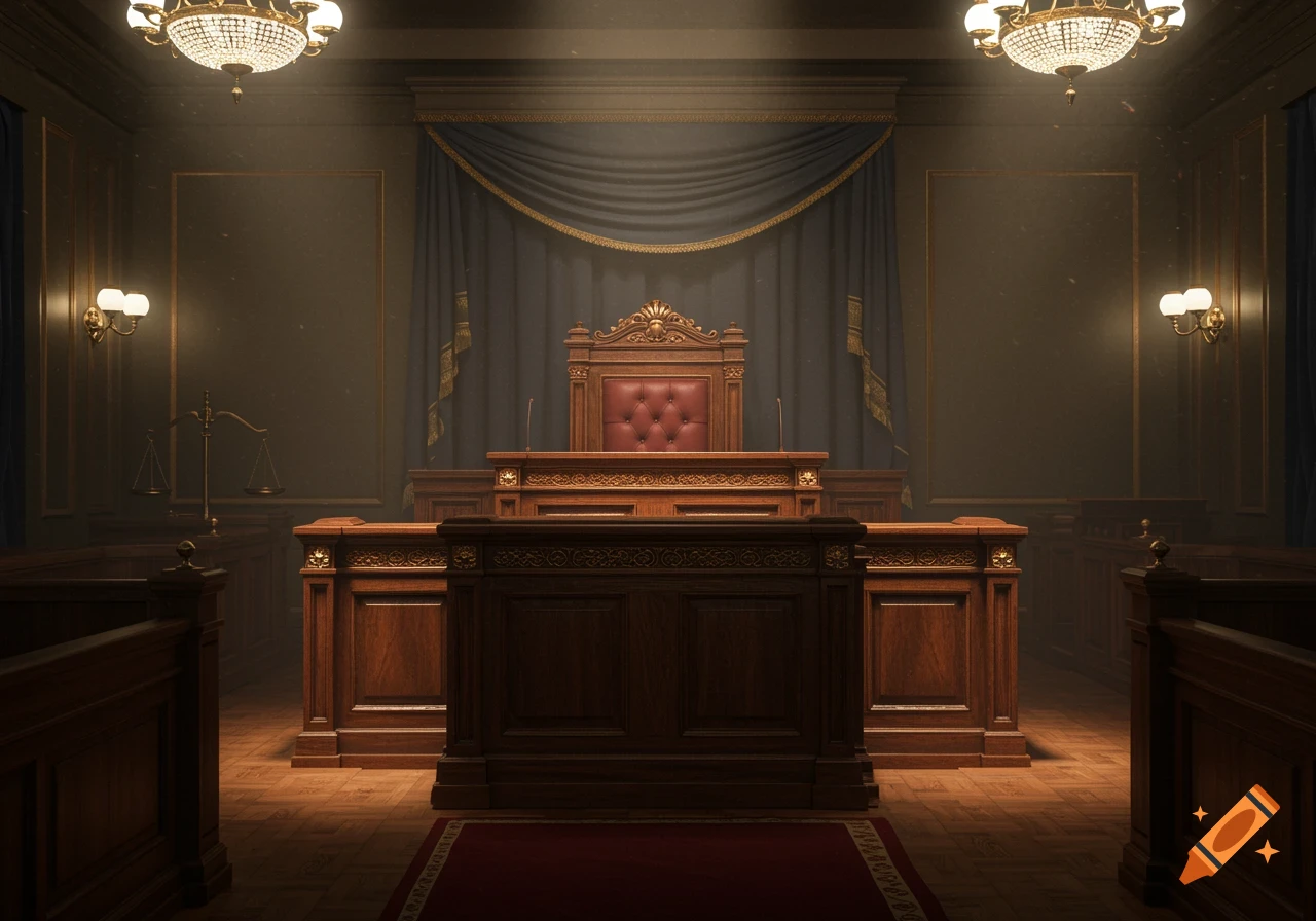 An empty, ornate courtroom interior with a prominent judge's bench, polished dark wood, a red carpet, and two large chandeliers hanging from the ceiling.