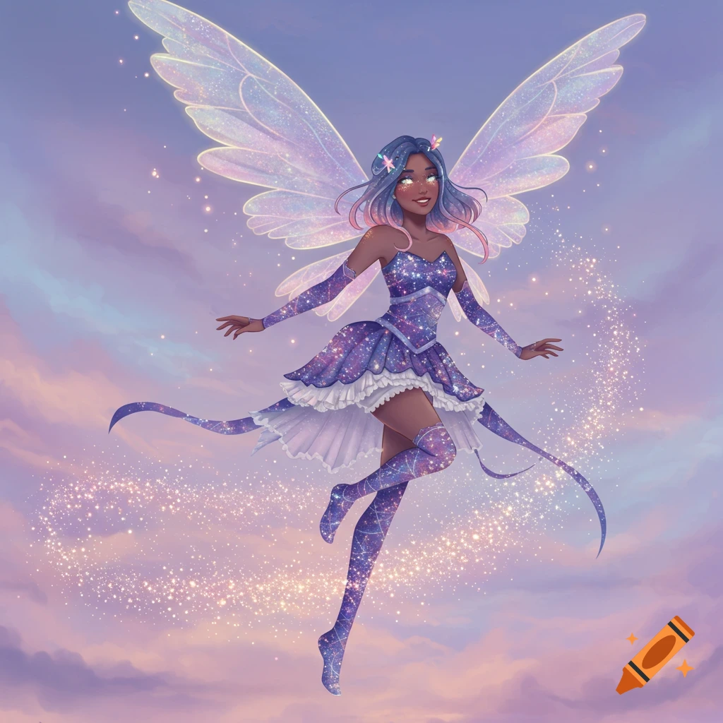A dark-skinned fairy with blue and pink hair, wearing a sparkly purple dress and sheer wings, flies joyfully in a pastel cloudy sky, surrounded by glitter.
