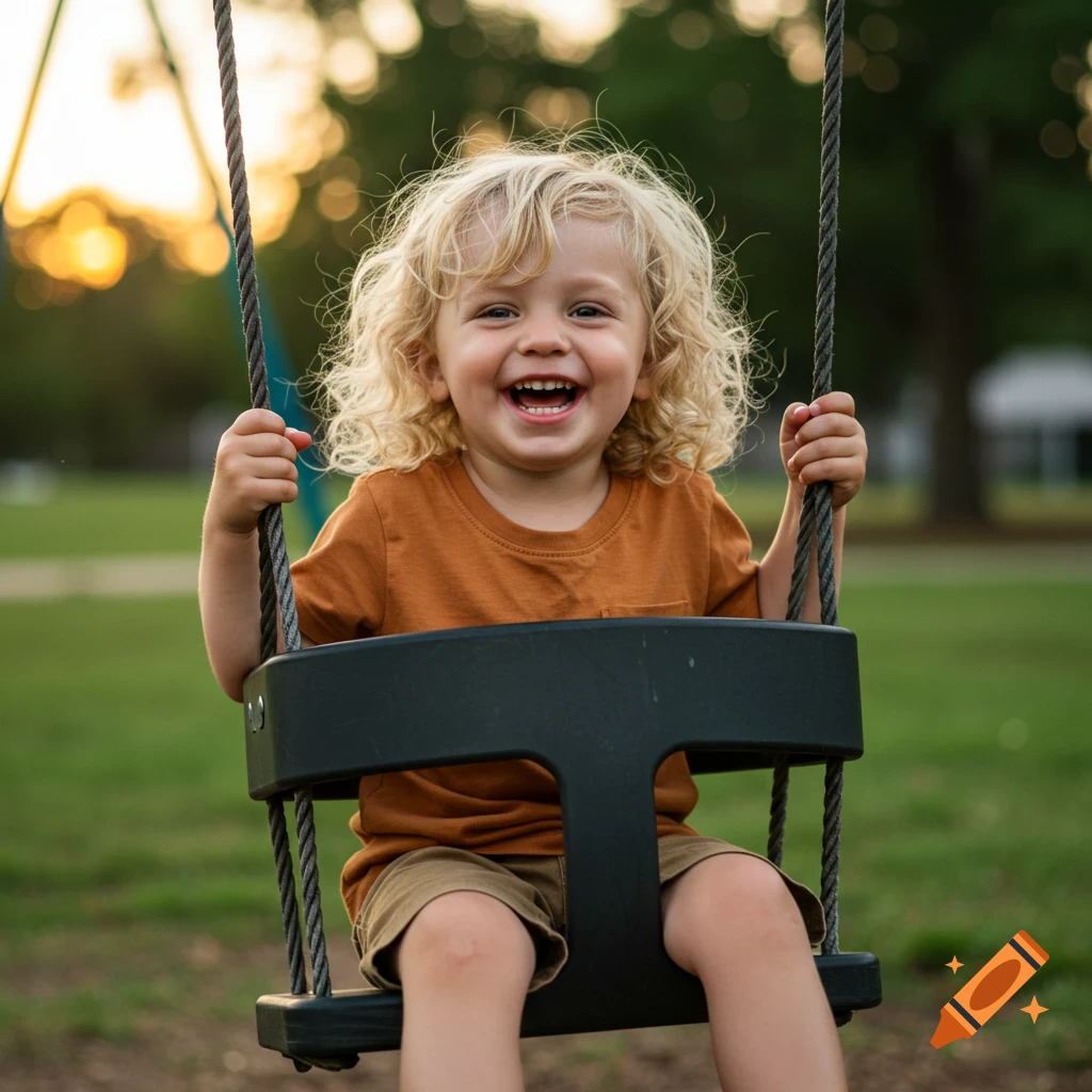 A happy blonde curly-haired toddler laughing while sitting on a swing in a park.