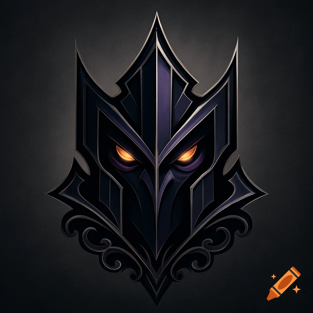A stylized dark purple and black emblem or logo with glowing orange eyes, resembling a mask or crown, on a dark background.