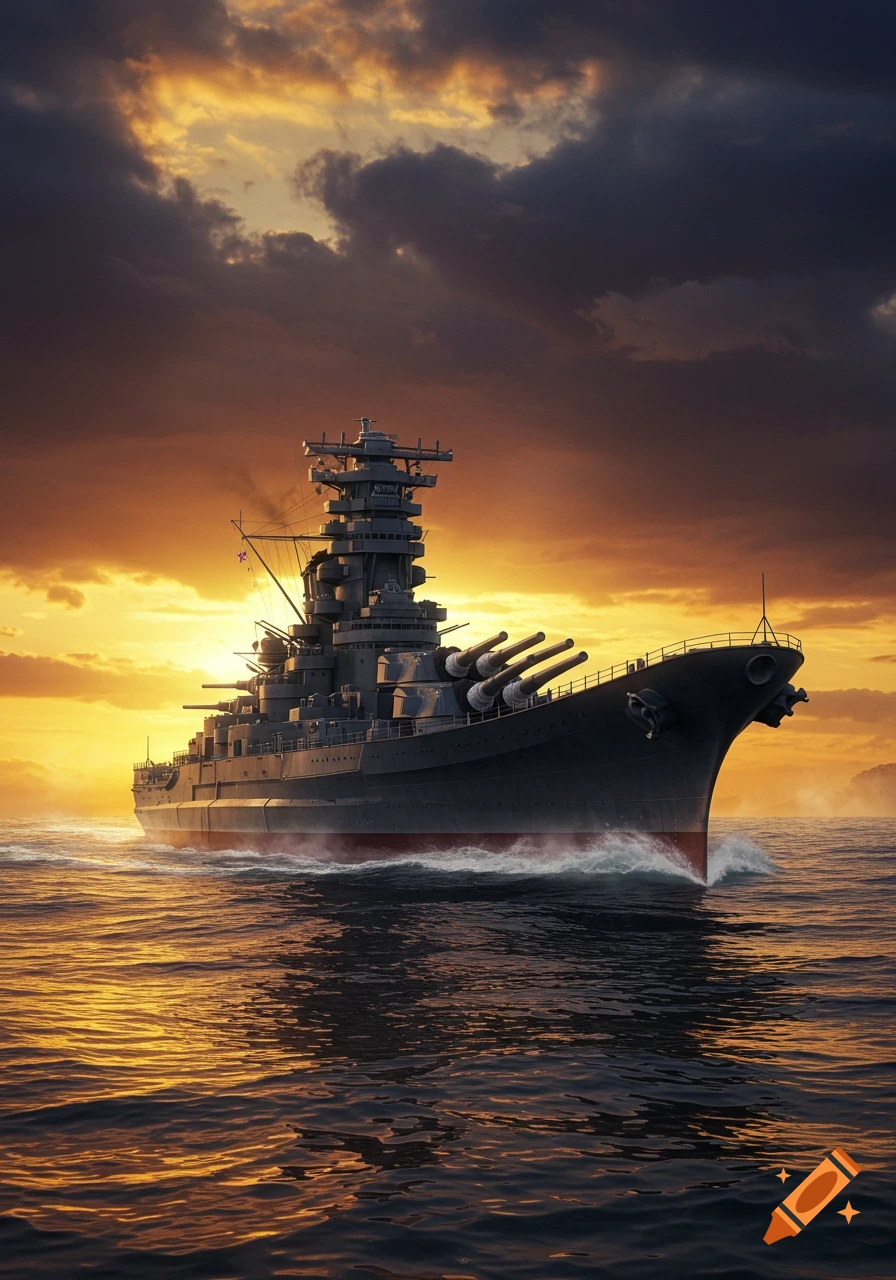A large battleship sails through the ocean under a dramatic sunset sky with orange and dark clouds.