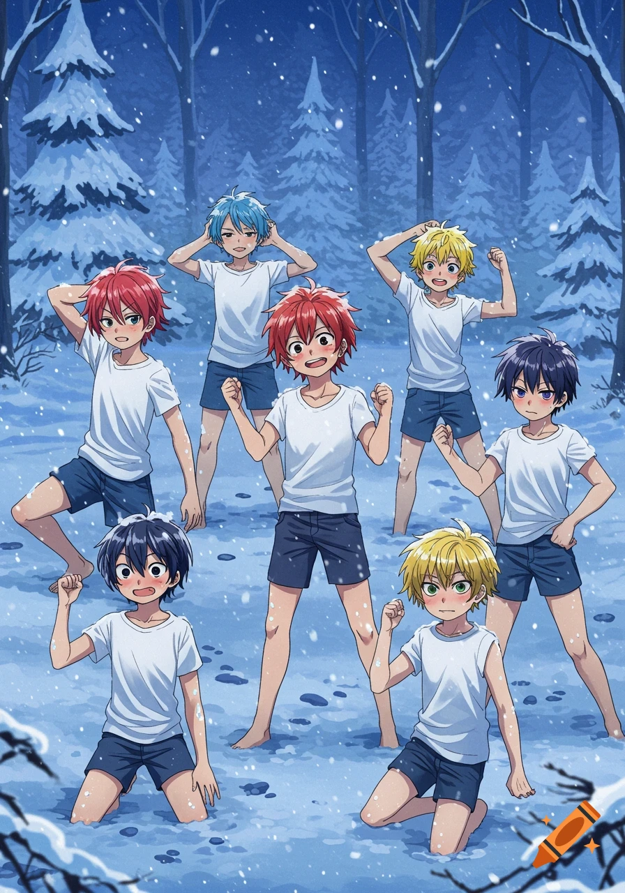 Anime-style boys in white t-shirts and shorts pose in a snowy forest with falling snow.