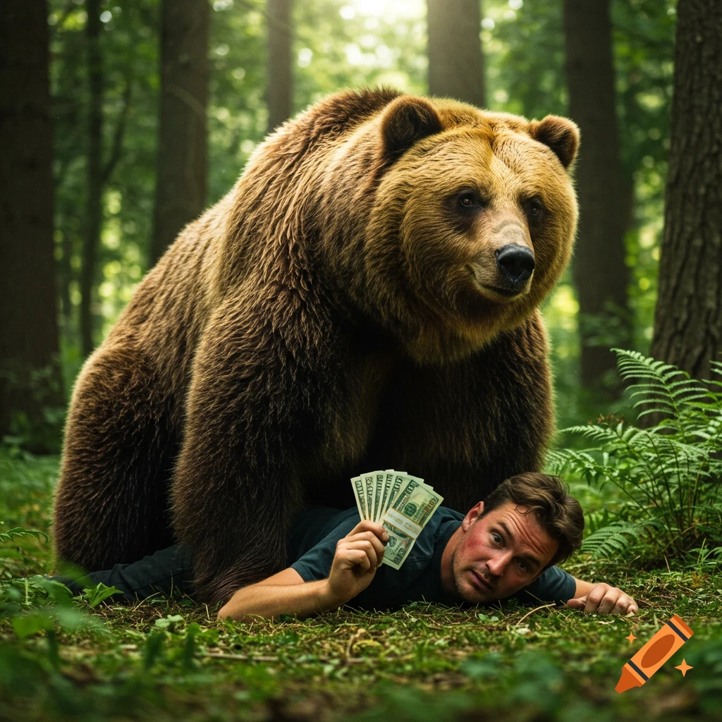 A man lies on the forest floor, holding a fan of money, while a large brown bear stands over him.