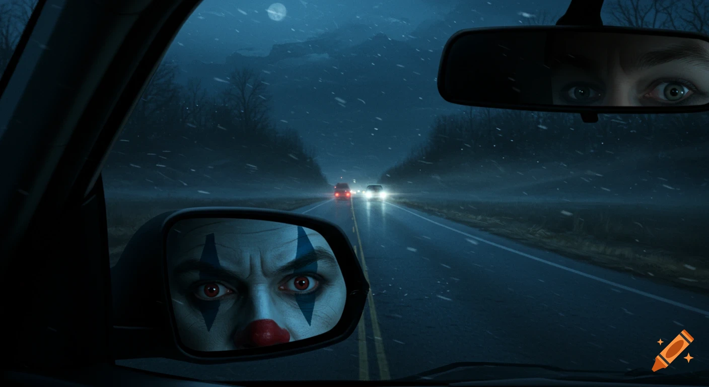 View from inside a car on a snowy night highway. A clown's eyes are reflected in the side mirror, and a driver's eyes in the rearview mirror.