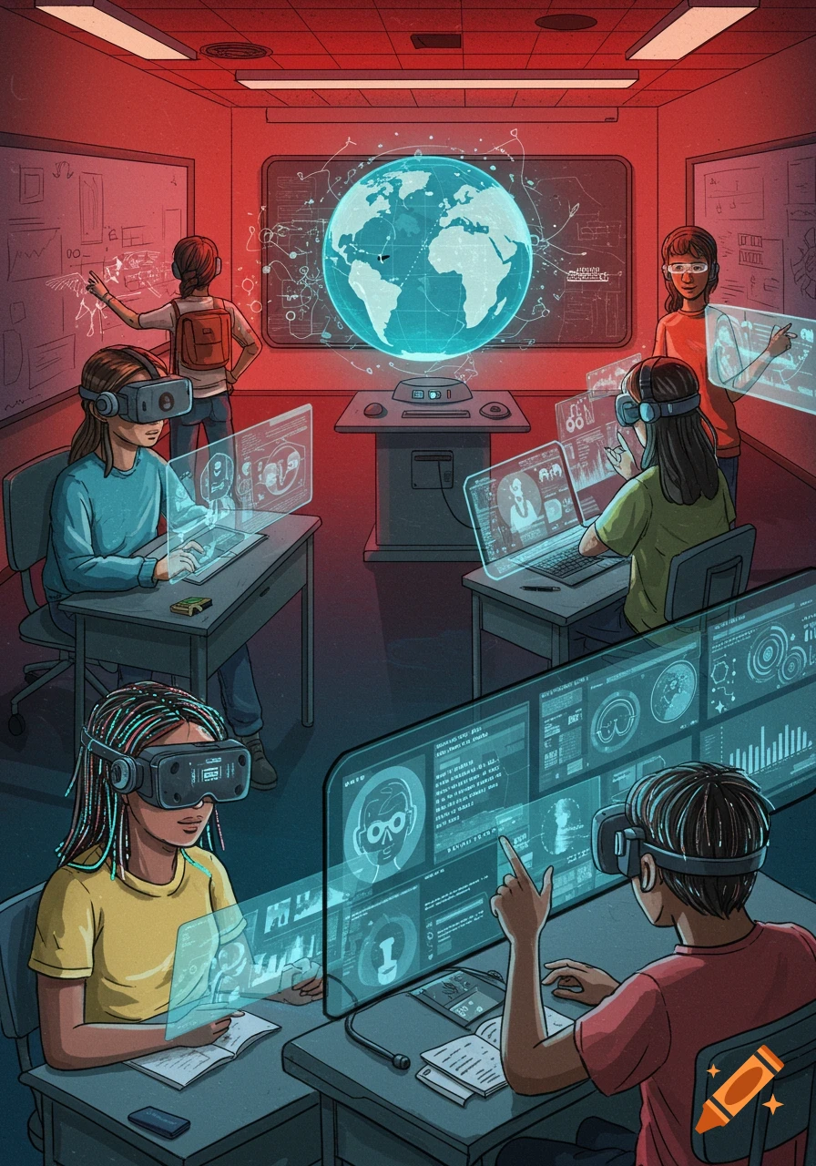 Students in a futuristic classroom wear VR headsets, interacting with holographic screens and a large floating globe in a red-lit room.