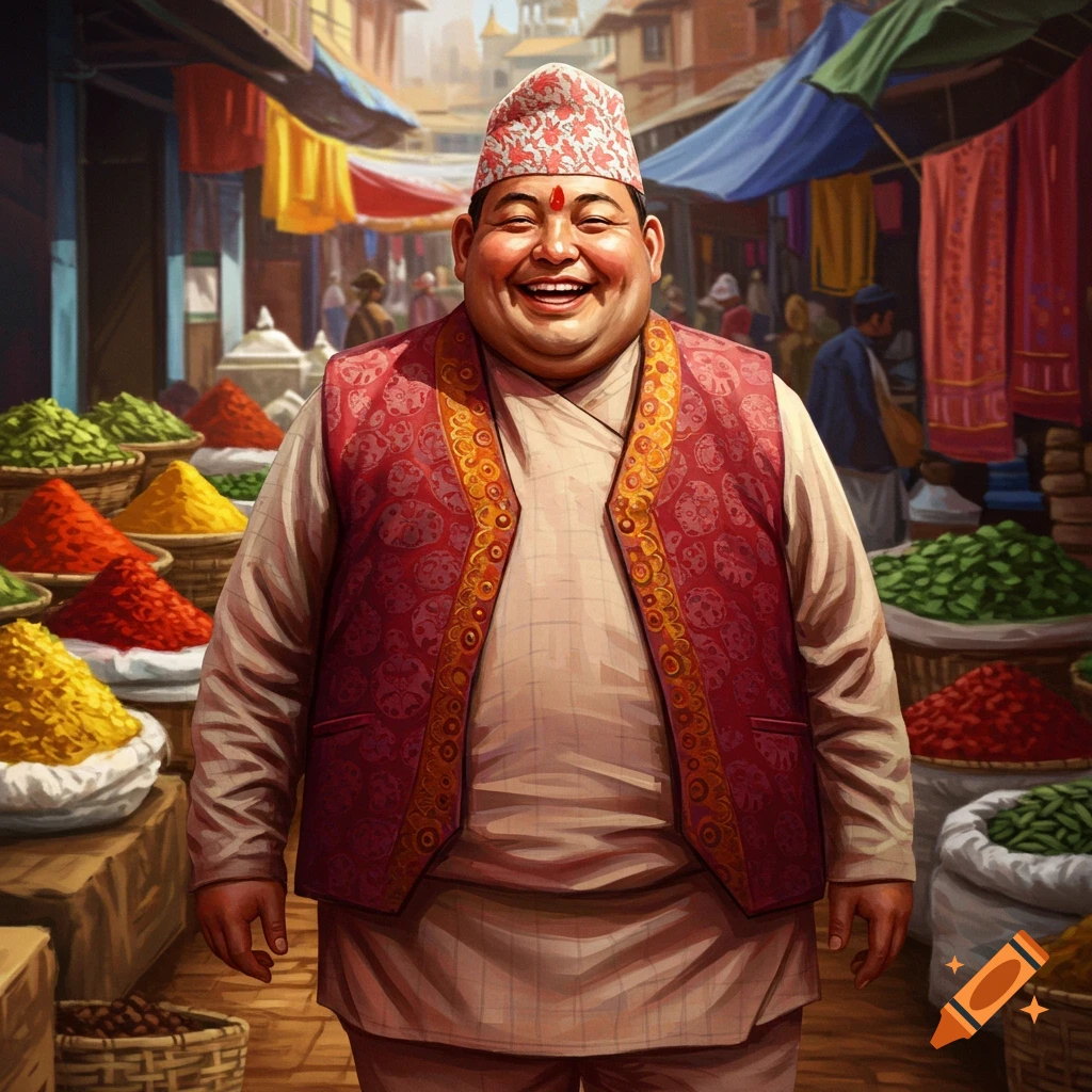A smiling overweight man in traditional Nepalese attire and hat stands in a vibrant market with colorful spices.