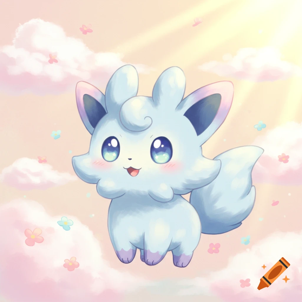 A fluffy, light blue cartoon creature with big blue eyes smiles while floating among pink clouds with sun rays.