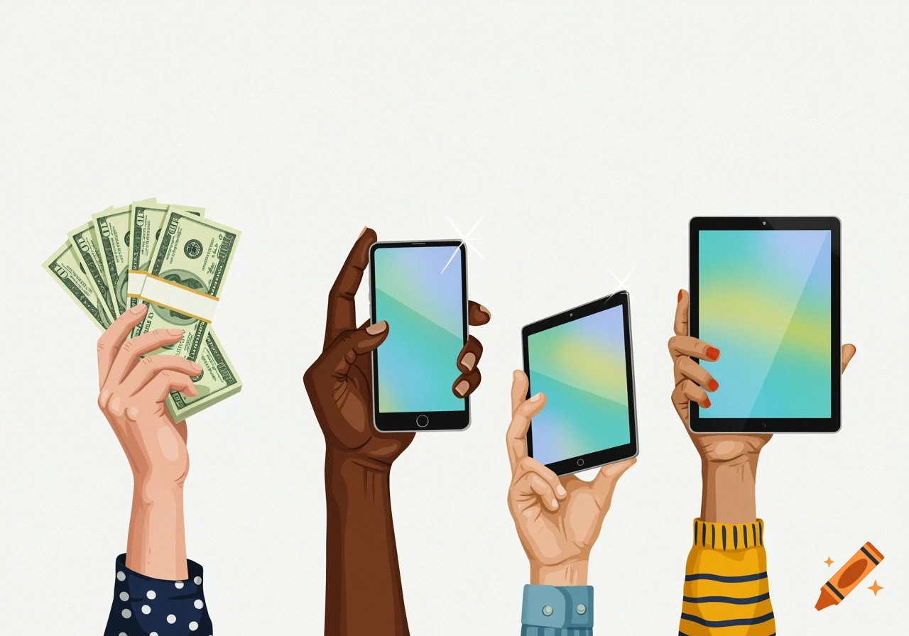 Four hands with diverse skin tones hold a stack of cash, a smartphone, and two tablets against a white background.