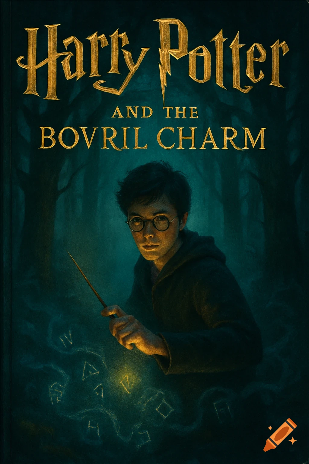 A dark fantasy book cover showing a young wizard with glasses and a wand casting a spell, with the title "Harry Potter and the Bovril Charm".