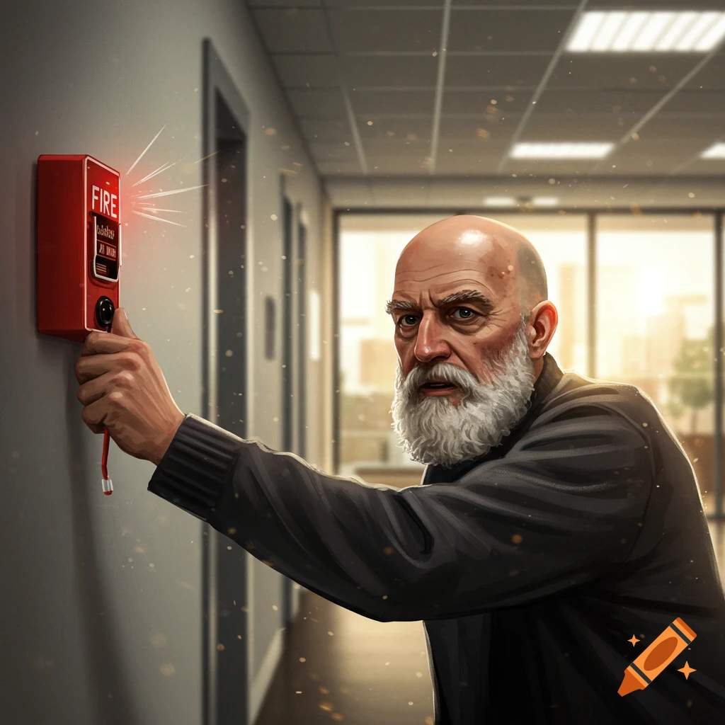 A bald man with a white beard pulls a red fire alarm in an office hallway.