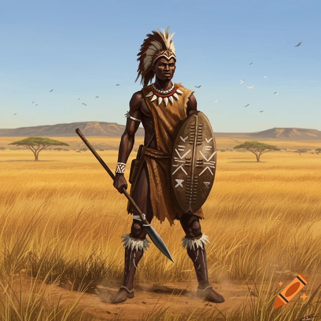An illustrated Zulu infantry soldier in traditional attire, holding a spear and shield in a savanna landscape.