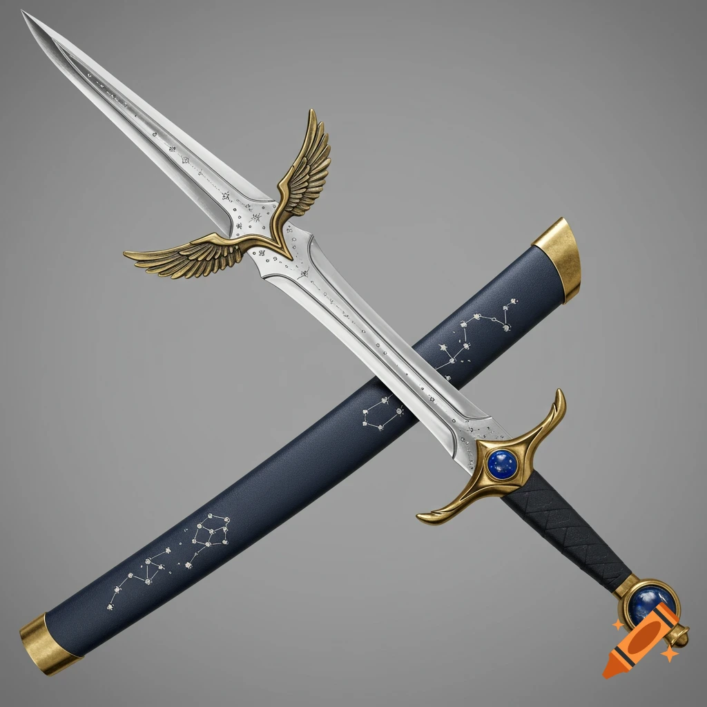 Photorealistic longsword with a golden winged crossguard and sapphire pommel, resting on a deep blue scabbard, both with celestial patterns.