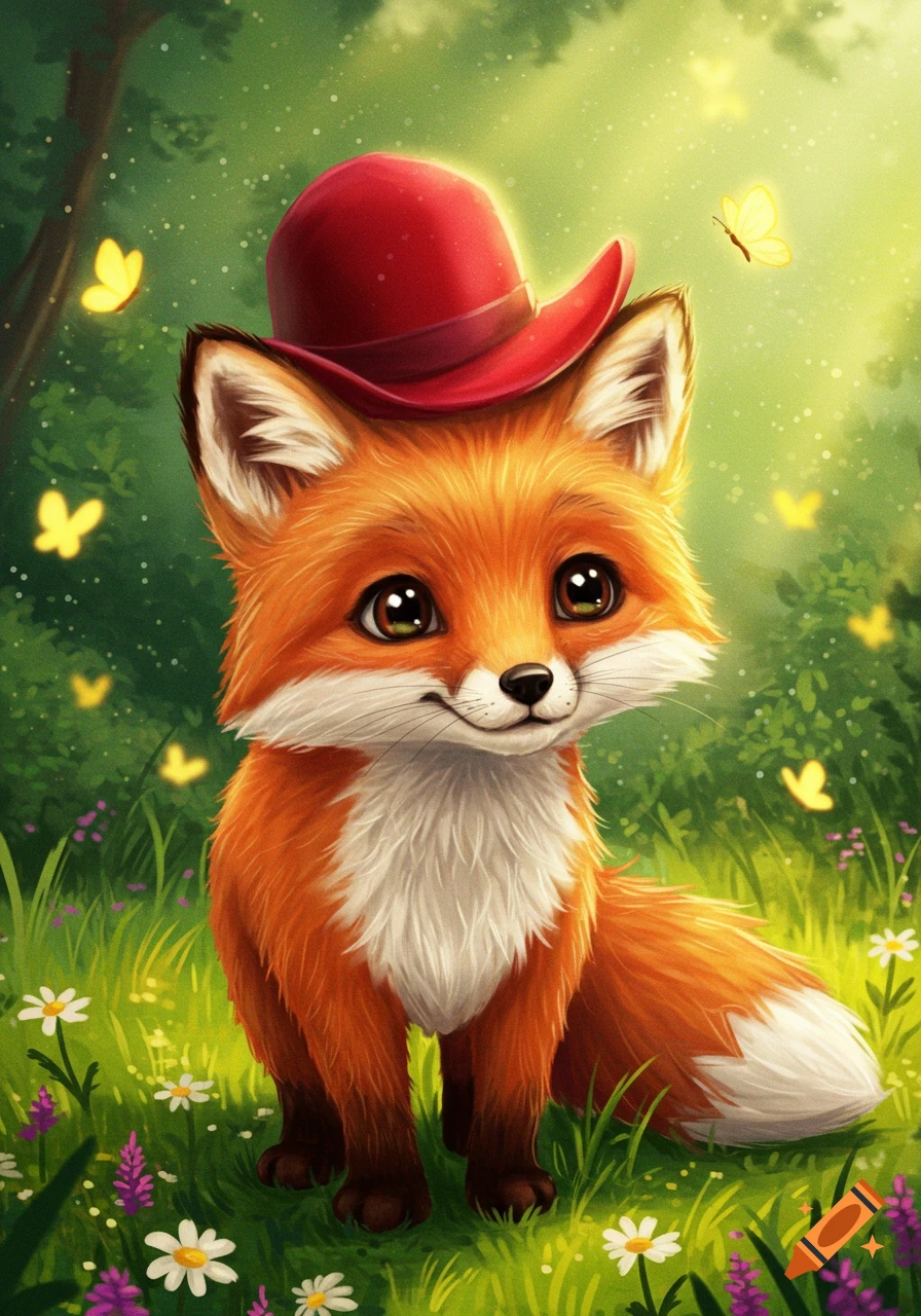 A cute cartoon fox wearing a red hat sits in a grassy field with flowers and butterflies.