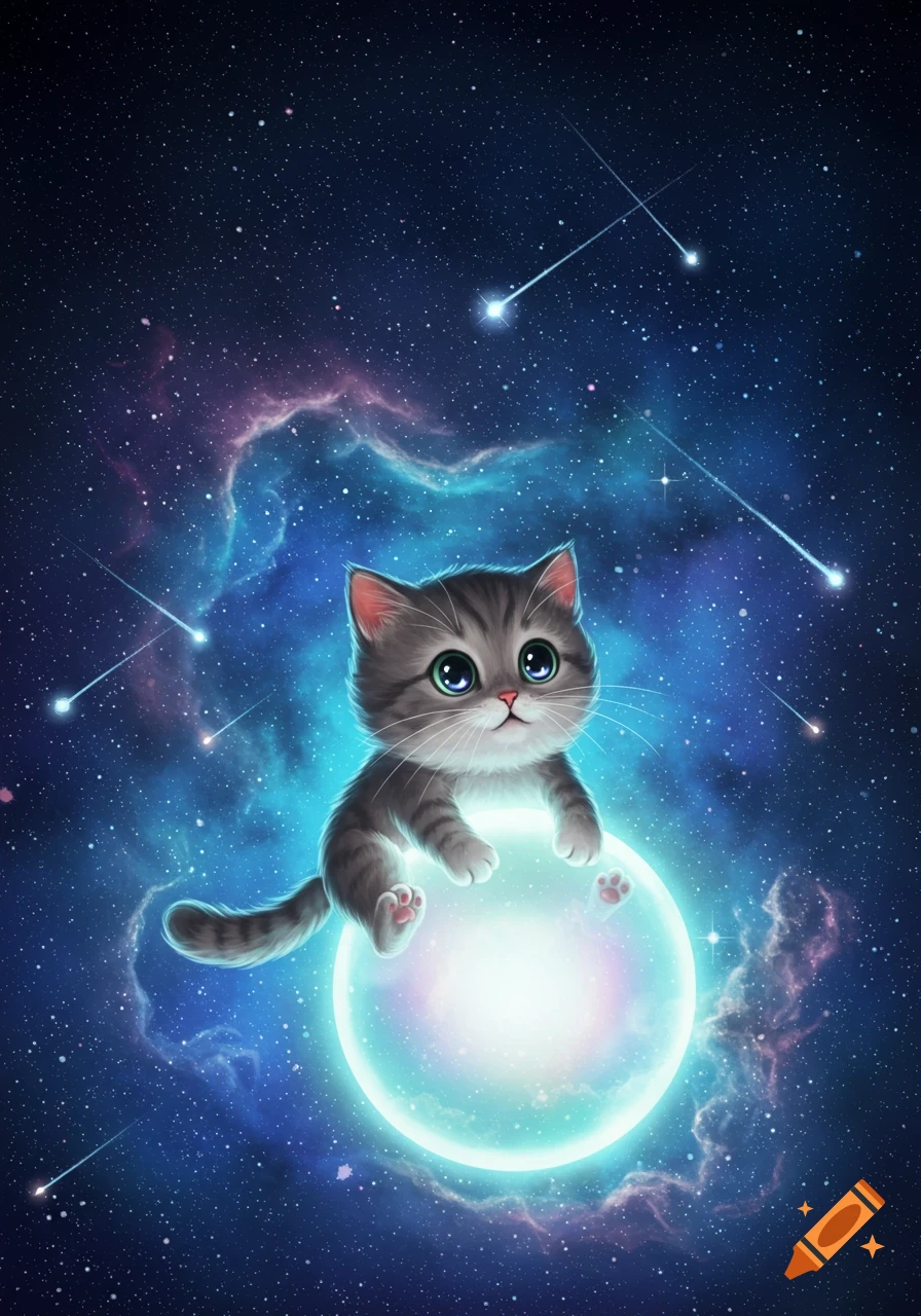 An adorable cartoon tabby cat with big eyes sitting on a glowing blue orb in a starry galaxy with nebulas.